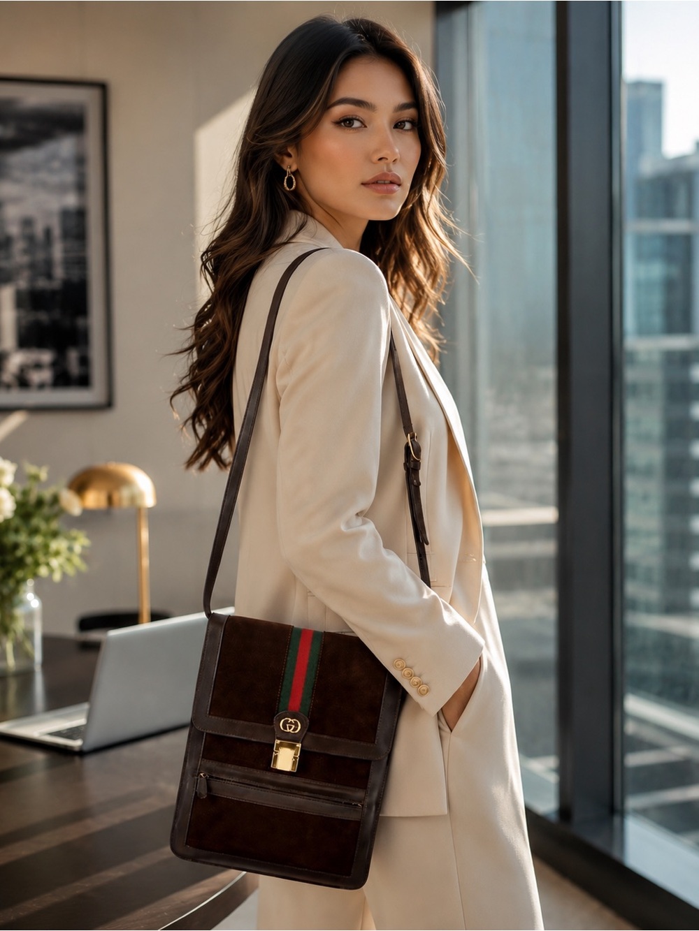 Vintage Gucci Parfums Brown Suede & Leather Shoulder Bag with Sherry Line Stripe - Picture 10 of 13